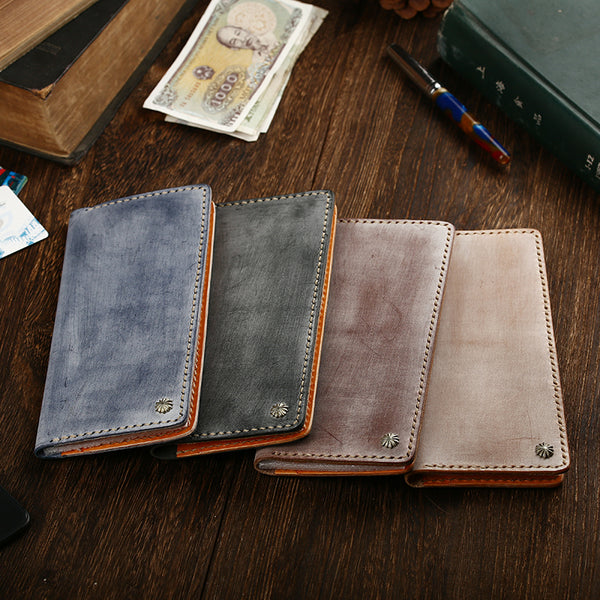 Simple Handmade Mens Brown Slim Long Wallet Blue Bifold Slim Card Wall –  iwalletsmen