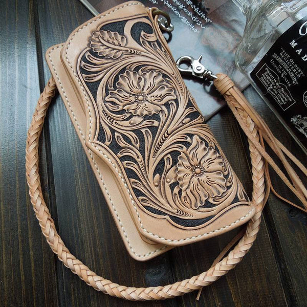 Handmade Tooled Red Leather Floral Biker Chain Wallet Mens Long