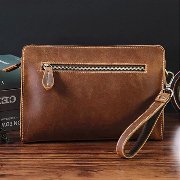 Brown MENS LEATHER SLIM ZIPPER CLUTCH WRISTLET PURSE CLUTCH BAGs FOR M