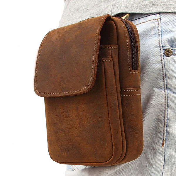 Cool Brown Leather Men's Belt Pouch Cell Phone Holster Small Belt