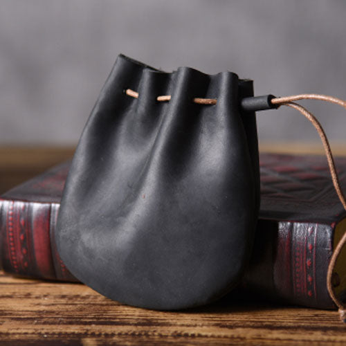 Drawstring Leather Pouch Coin Purse Dark Brown Leather -  UK