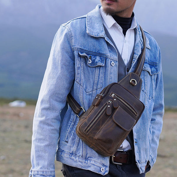Man Triangle Chest Bag Genuine Leather Crossbody Bag Shoulder