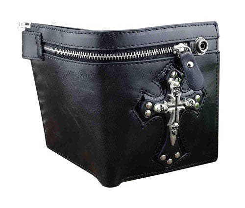 vogueteen Mens Gothic Skull Cross Leather Biker Punk Wallet with a Metal  Long Chain Black