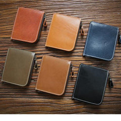 slim fold wallet​ Handmade Leather Wallet with Zipper Mens Slim Leather Wallet Front Pocket Mens Wallet