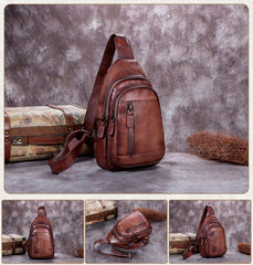 genuine leather sling bag for women​ Vintage Leather Sling Bag for Women Brown Leather Sling Backpack for Men Sling Travel Bag 