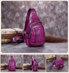 leather sling bag for women​ Vintage Leather Sling Bag for Women Purple Leather Sling Backpack for Men Sling Travel Bag 