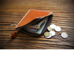 small slim wallet​ Handmade Brown Leather Wallet with Zipper Mens Slim Leather Wallet Front Pocket Mens Wallet