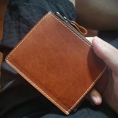 men slim wallets​ Handmade Brown Leather Wallet with Zipper Mens Slim Leather Wallet Front Pocket Mens Wallet