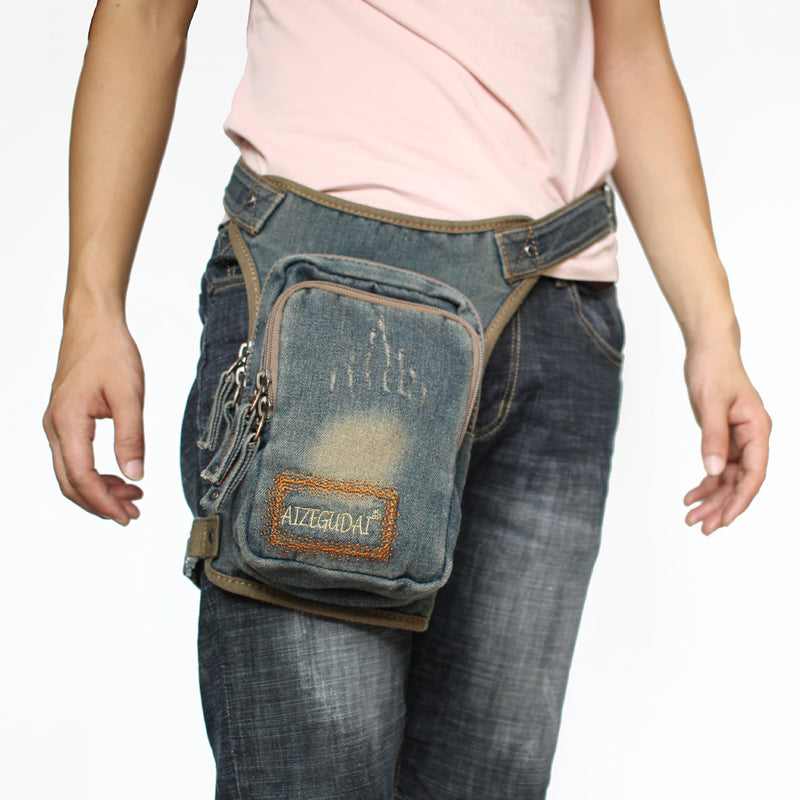 Mens Denim Thigh Bag Fanny Pack for Men Drop Leg Bag Blue Denim