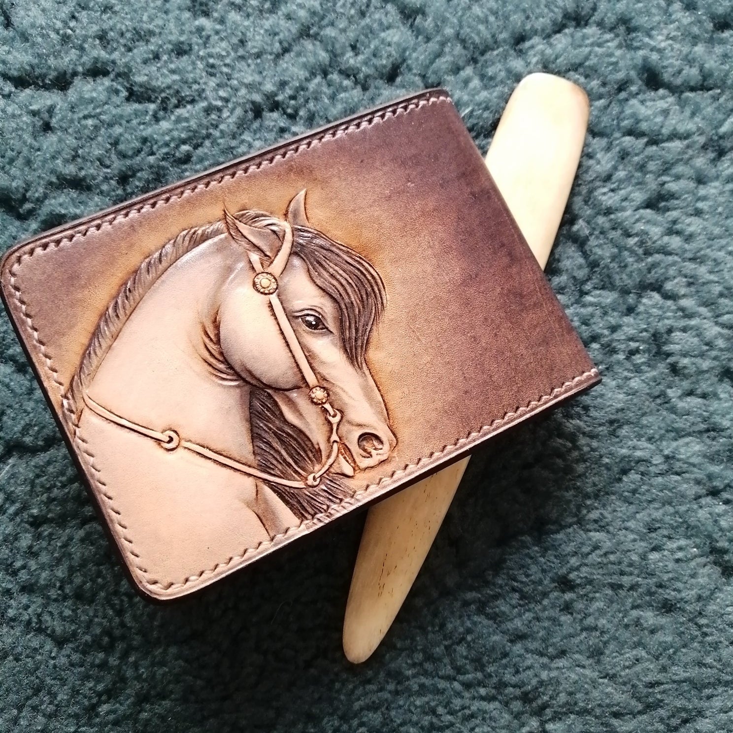 Horse Tooled Leather Wallet Card Wallet with ID Window 