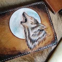 Wolf Tooled Leather Wallet Card Wallet with ID Window - iwalletsmen