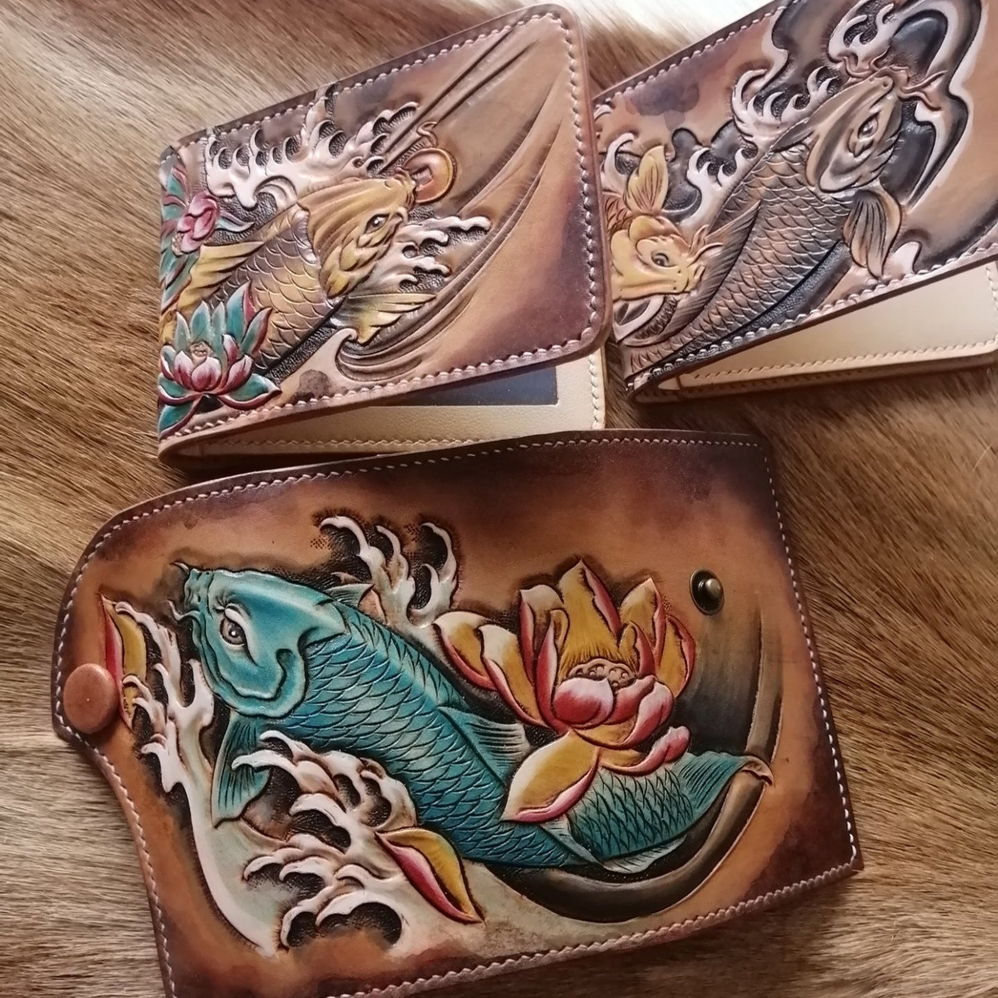 Carp Tooled Leather Wallet Mens Wallet with ID Window Card Wallet with ID Window - iwalletsmen