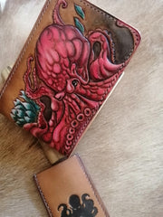 Octopus Tooled Leather Wallet Card Wallet with ID Window Cool ID Holder Wallet Mens Wallet with ID Window 