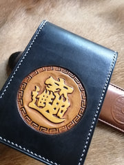 Chinese Characters Tooled Leather Wallet Card Wallet with ID Window ID Holder Wallet 