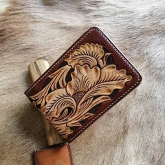 Flower Tooled Leather Wallet Card Wallet with ID Window