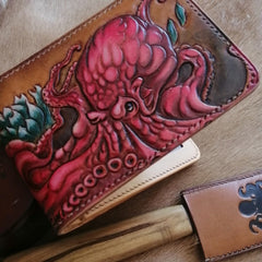 Octopus Tooled Leather Wallet Card Wallet with ID Window Cool ID Holder Wallet Mens Wallet with ID Window 