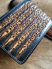 Tooled Leather Wallet Card Wallet with ID Window ID Holder Wallet Chinese Characters Mens Wallet with ID Window - iwalletsmen