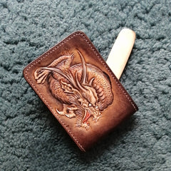 Chinese Dragon ID Holder Wallet Mens Wallet with ID Window Loong Tooled Leather Wallet Card Wallet with ID Window - iwalletsmen