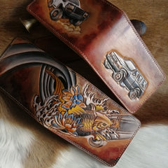 Koi ID Holder Wallet Mens Wallet with ID Window Carp Tooled Leather Wallet Card Wallet with ID Window - iwalletsmen