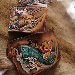 Carp Tooled Leather Wallet Mens Wallet with ID Window Card Wallet with ID Window - iwalletsmen