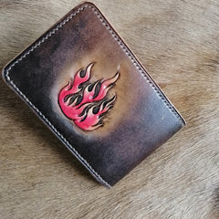 Fire leather card case id wallet Tooled Leather Wallet id holder wallet id card wallet