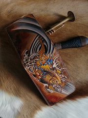 Koi ID Holder Wallet Mens Wallet with ID Window Carp Tooled Leather Wallet Card Wallet with ID Window - iwalletsmen