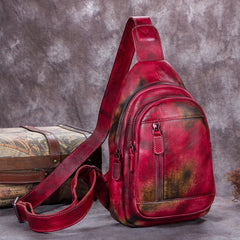 women's leather sling bag​ Vintage Leather Sling Bag for Women Red Leather Sling Backpack for Men Sling Travel Bag 