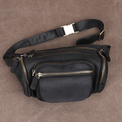 Black Leather Fanny Packs Bulky Waist Bags Mens Hip Packs Bum Bags for Men