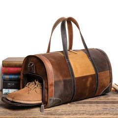 Leather Mens Travel Bag Color Blocks Weekender Bag Barrel Duffle Bag Overnight Bag for Men