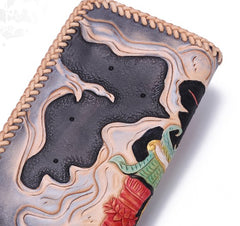 Handmade Leather Mens Clutch Wallet Cool Carp Tooled Wallet Long Zipper Wallets for Men