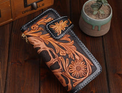 Handmade Leather Skull Mens Chain Biker Wallet Cool Leather Wallet Long Tooled Wallets for Men