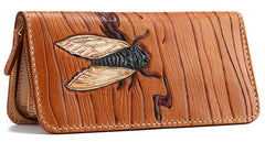 Handmade Leather Mens Clutch Wallet Cool Cicada Tooled Wallet Long Zipper Wallets for Men