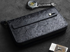 Handmade Leather Floral Tooled Mens Clutch Cool Slim Wallet Zipper Clutch Wristlet Wallet for Men