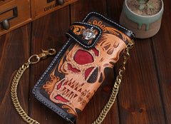 Handmade Leather Skull Mens Chain Biker Wallet Cool Leather Wallet Long Tooled Wallets for Men