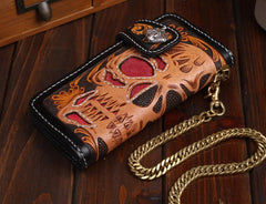 Handmade Leather Skull Mens Chain Biker Wallet Cool Leather Wallet Long Tooled Wallets for Men