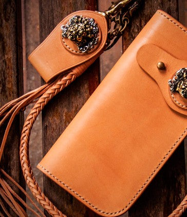 Handmade Leather Mens Chain Biker Wallet Cool Leather Wallet with Chain Wallets for Men Beige / with Chain + Belt Clip (A)