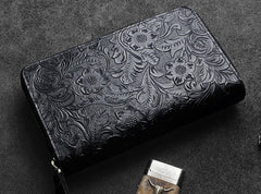 Handmade Leather Floral Tooled Mens Clutch Cool Slim Wallet Zipper Clutch Wristlet Wallet for Men