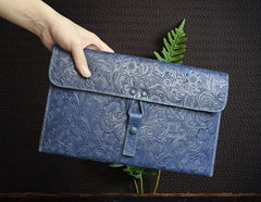 Handmade Leather Floral Tooled Mens Clutch Cool Slim Wallet Zipper Clutch Wristlet Wallet for Men