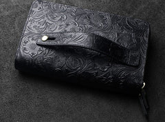 Handmade Leather Floral Tooled Mens Clutch Cool Slim Wallet Zipper Clutch Wristlet Wallet for Men