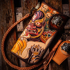 Handmade Leather Tooled Mahākāla Mens Chain Biker Wallet Cool Leather Wallet Long Clutch Wallets for Men