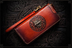 Handmade Leather Tibetan Mens Chain Biker Wallet Cool Leather Wallet Long Clutch Wallets for Men