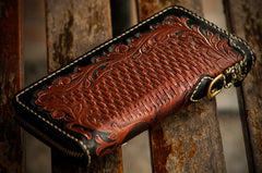 Handmade Leather Mens Tooled Eagle Chain Biker Wallet Cool Leather Wallet Long Clutch Wallets for Men