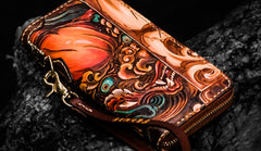 Handmade Leather Tooled Chinese Lion Mens Chain Biker Wallet Cool Leather Wallet Long Phone Wallets for Men