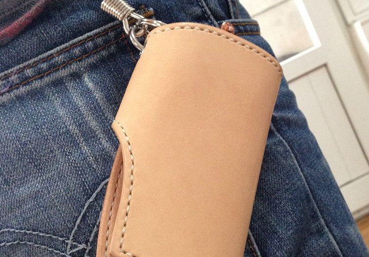 Handmade Leather Mens Cool Key Wallet Car Key Holder Keychain Wallet for Men Beige