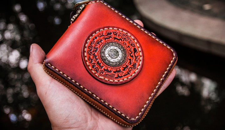 Handmade Leather Small Tibetan Tooled Mens billfold Wallets Cool Chain