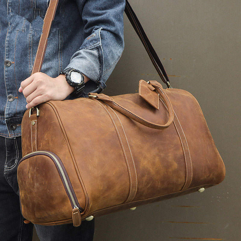 Vintage Brown Leather Men's Overnight Bag Weekender Bag Brown Travel Bag Handbag For Men - iwalletsmen