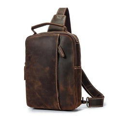 Best Brown Distressed LEATHER MENS Sling Bag One Shoulder Backpack Top Chest Bag For Men - iwalletsmen