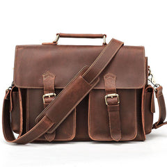 Vintage Dark Brown Leather Mens 14 inches Briefcase Work Shoulder Briefcase Handbags For Men - iwalletsmen