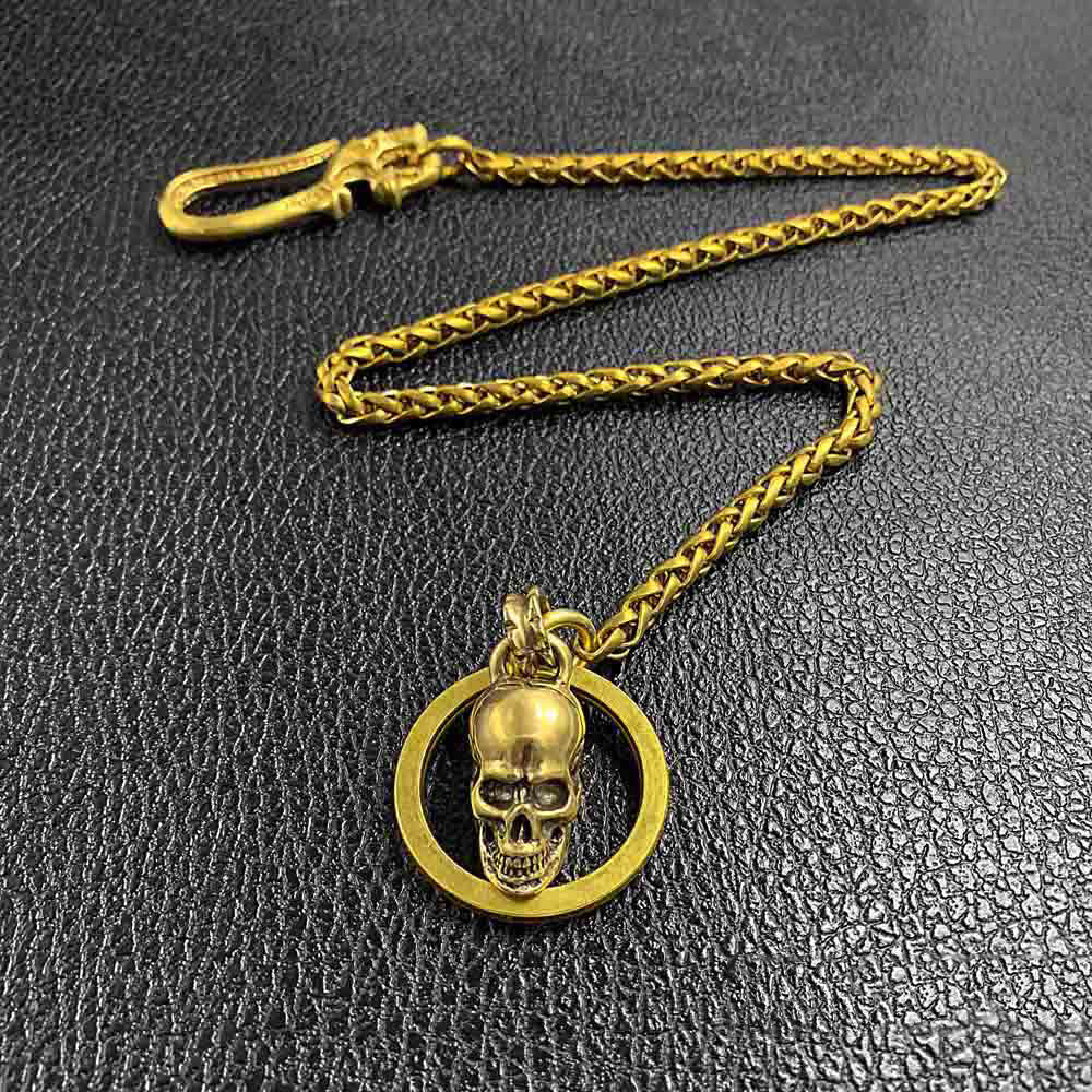 Cool Men's Pure Gold Brass Skull 18'' Key Chain Pants Chains Biker Wal