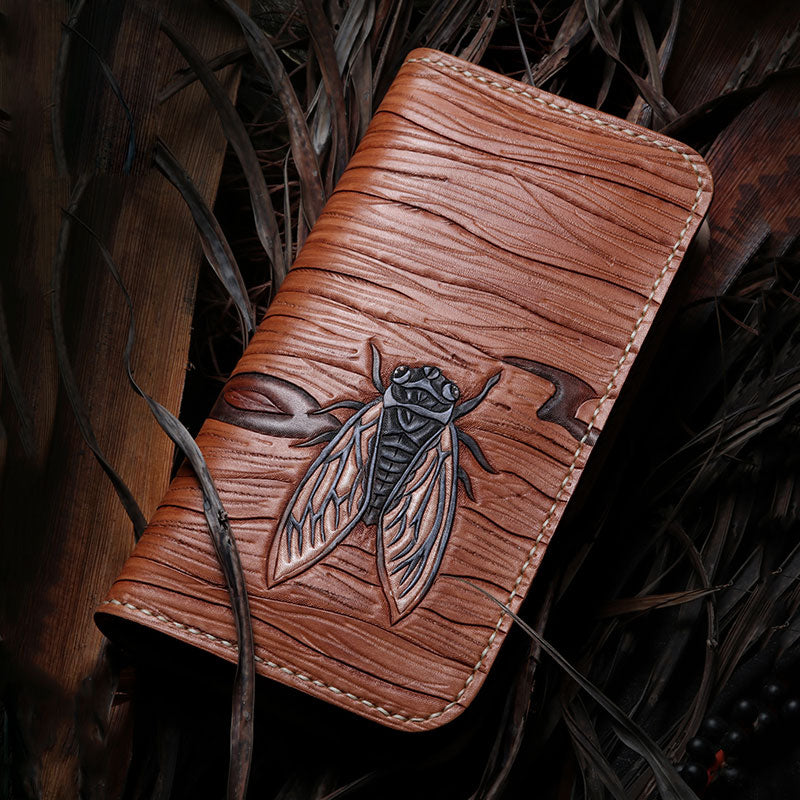 Handmade Leather Mens Clutch Wallet Cool Cicada Tooled Wallet Long Zipper Wallets for Men